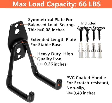 Garage Utility Double Hooks,Heavy Duty Steel Wall Mount Storage Organizer with Anti-Slip Coating,Load Capacity 66 LB (4 Pack Black 3 U Hook)