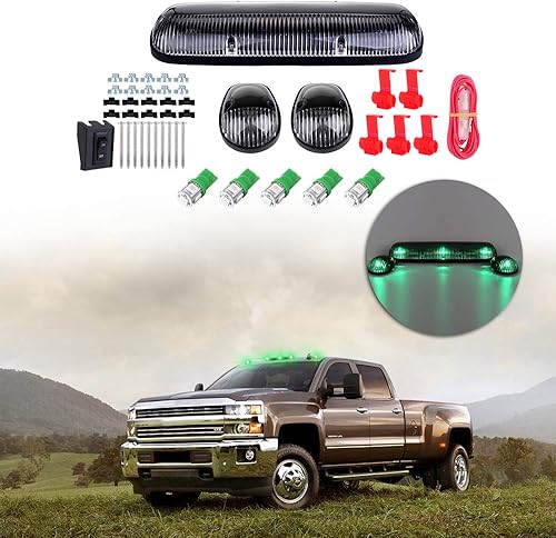 Miniatura 2 de 3 piezas de luz de cabina de lente transparente para techo de cabina T10-5-5050-SMD verde con paquete de cableado de repuesto para Chevy