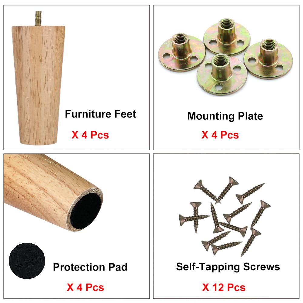 Pieds de meubles en Bois 20cm Pied de Table 4 Pièces Pieds de Table en Bois Conique Massif Pieds de Canapé Pieds de Meubles de Remplacement avec Vis de Plaque de Montage et Tapis Antidérapant