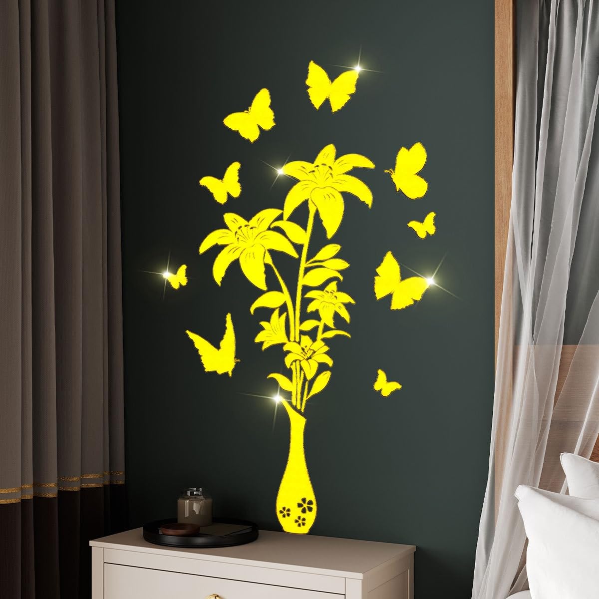 Autocollant mural papillon jaune floral en vinyle de salon grand format 69x41 cm
