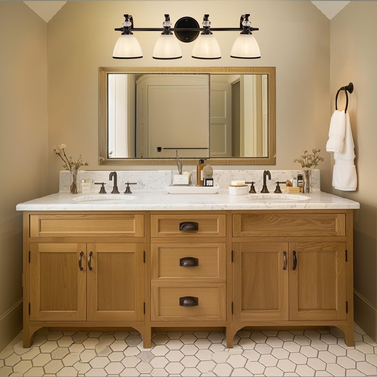 ANDY STAR Vintage Bathroom Light Fixture, 4-Light Vanity Lights, 28 inch Farmhouse Wall Sconces, Black Wall Lamp with Milky Glass, Well-Made Bathroom Lighting Fixtures Over Mirror for Living Room