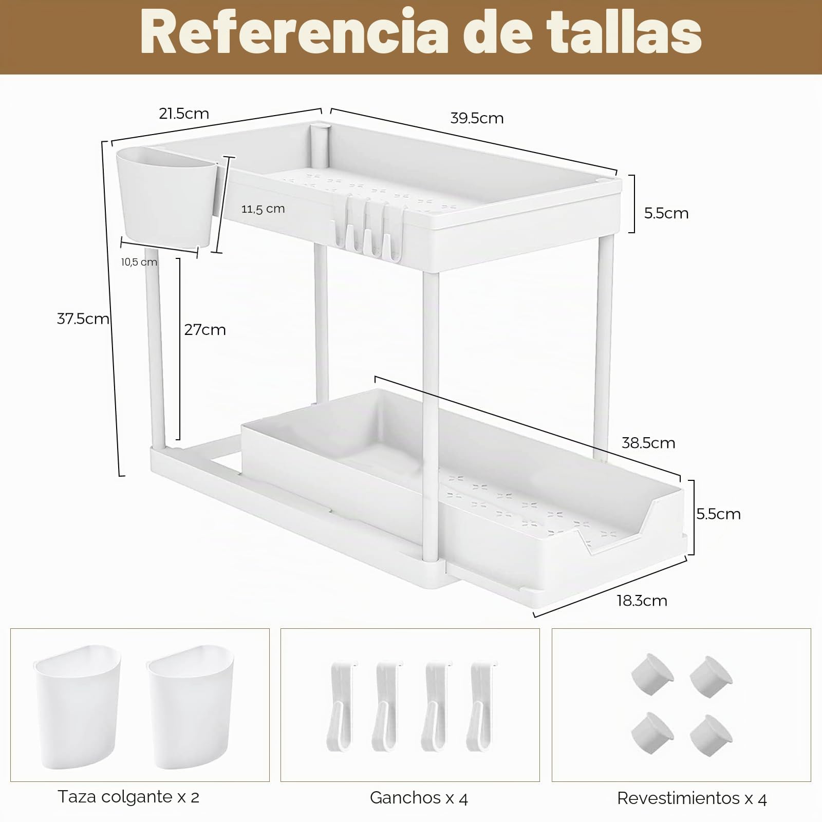 KOOSREEL - Organizador bajo fregadero de 2 plantas, organizador bajo fregadero cajón deslizante de extracción, estante de cocina, estante de especias, cesta de almacenamiento multifunción para cuarto