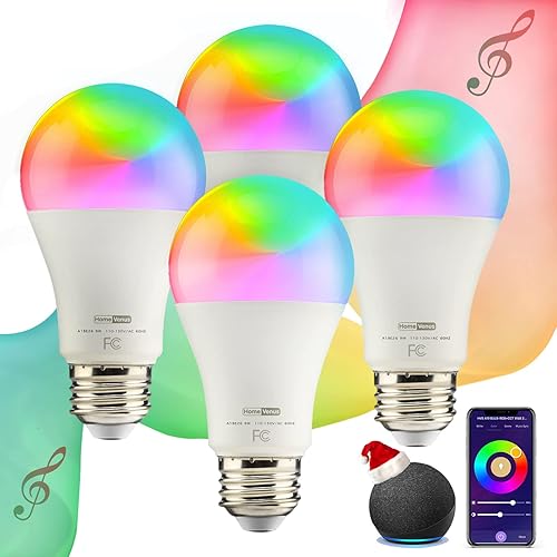 HVS Smart Light Bulbs, 9W Equivalent 60W A19 E26 RGBW Music Sync Color Changing LED Light Bulbs, App 2.4GHz WiFi Dimmable Tunable White Work with Alexa Google Assistant, 4 Pack