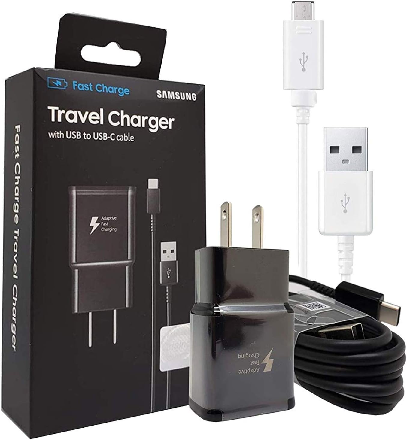 Official Samsung Adaptive Fast Charging Wall Charger -W/Micro & C TYPE USB Cable 4FT For Galaxy S6,S7,S8,S9,+,Edge,Note5,Note8,Note9 (US Retail Packing)