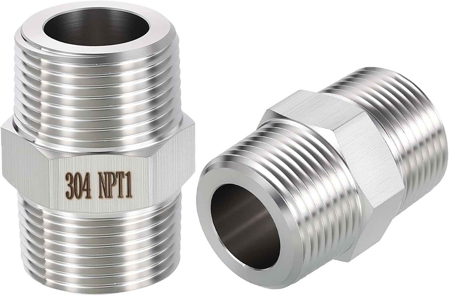 2 Packs 304 Stainless Steel Male to Male Adapters, 1" MNPT x 1" MNPT Hex Nipple Pipe Extension Fittings for Industrial, Automotive, Fluid Transfer, Home Gardening, Water, Air, Gas