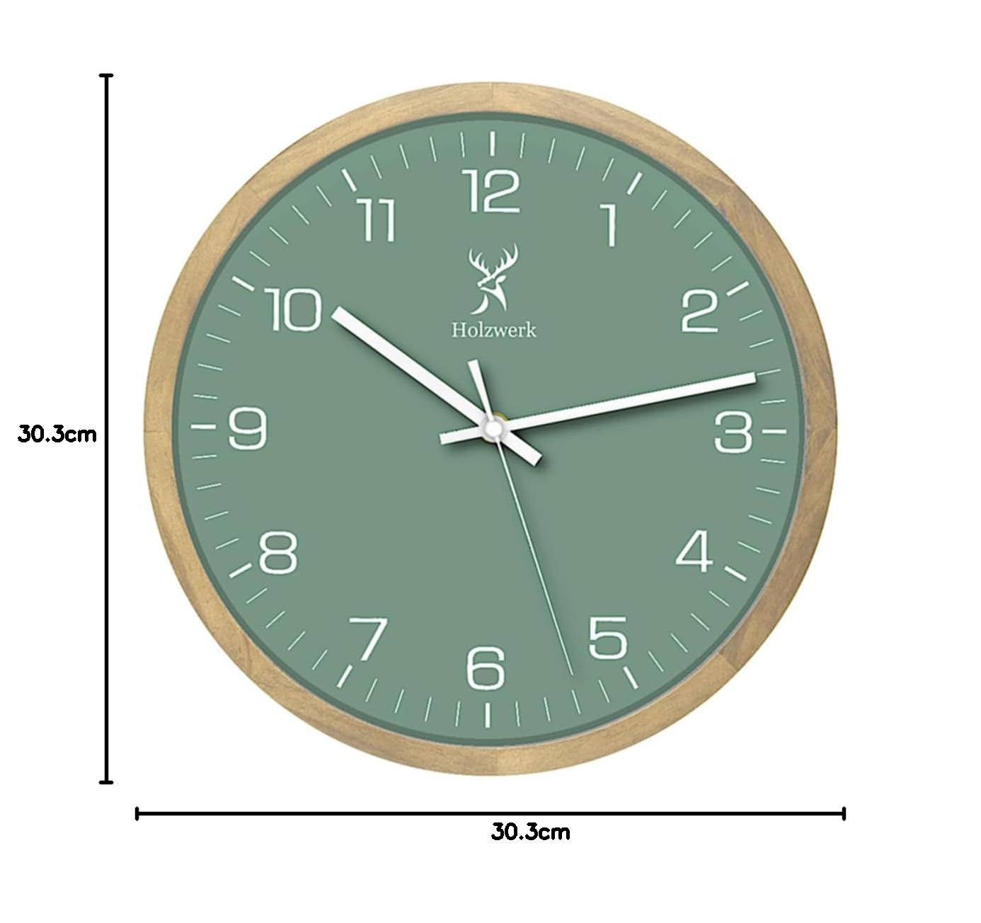 Holzwerk NAUMBURG Natur Holz Wanduhr Quarzwanduhr Moderne Wand-Uhr Glas Grün Buche nahezu lautloses Uhrwerk aus handgefertigtem Massivholz 30 cm Durchmesser (Grün-Beige)