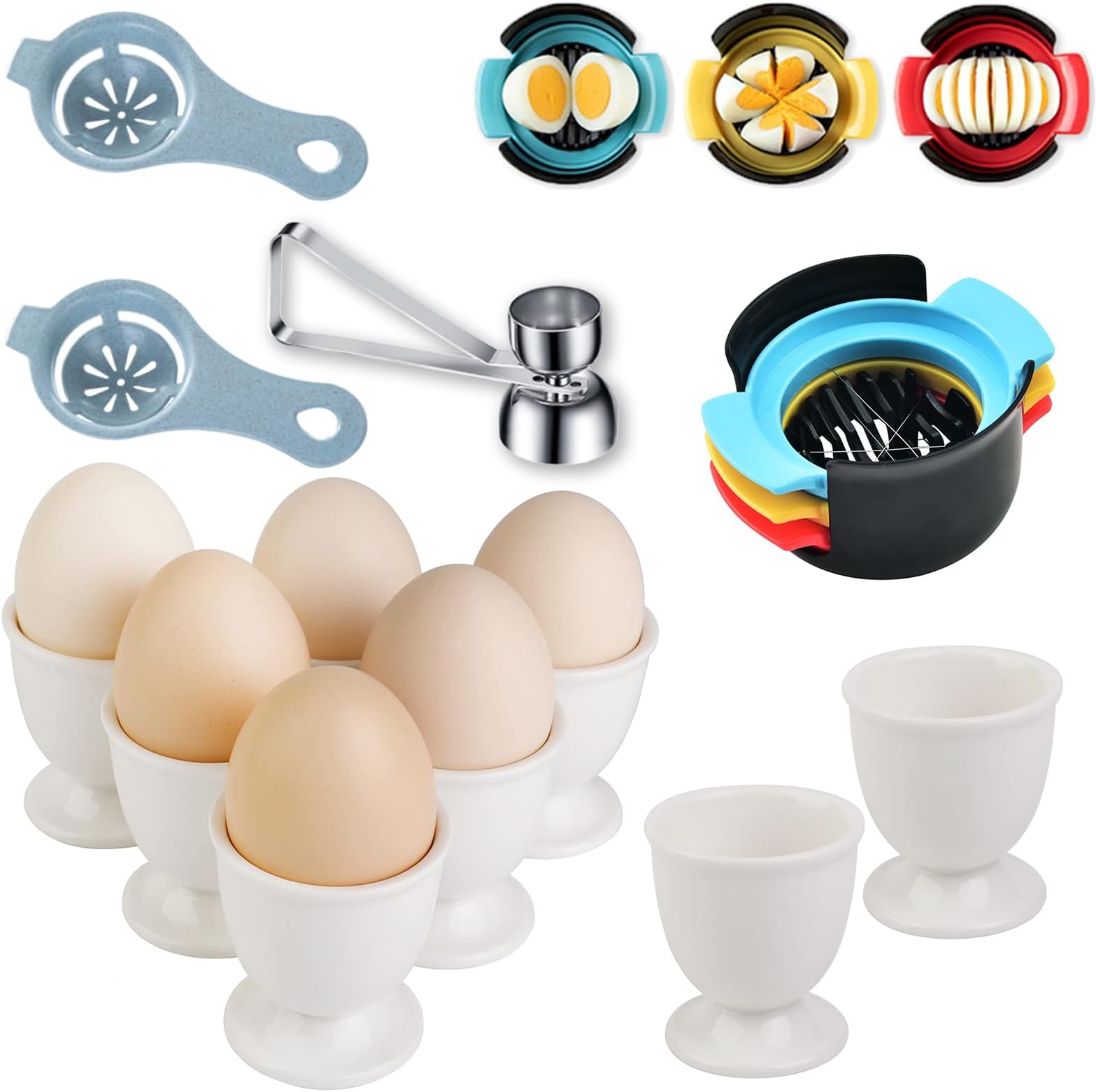 Plastic egg cup 8 pieces | Stainless steel egg opener | yolk separator, stainless steel egg opener on both sides 2 sizes for raw/soft/hard-boiled eggs, kitchen egg 11-piece set