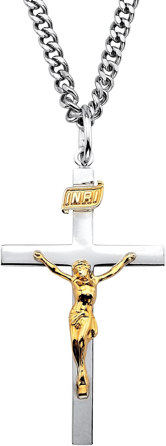 PalmBeach Men's Sterling Silver Two Tone Crucifix Cross Pendant (23mm) with 24 inch Chain
