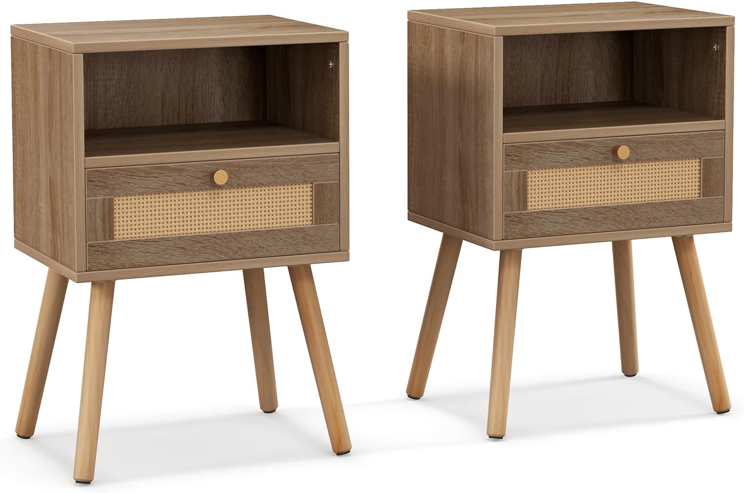 Boho Nachttisch Mit Rattan-Schubladen – 39x30x54 Cm, Holzoptik, 2 Schubladen, Platzsparend & Einfach Montierbar