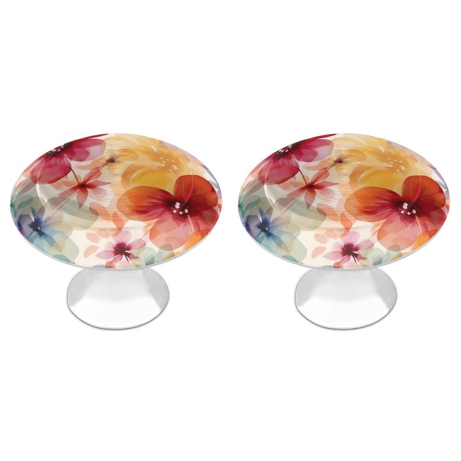 QMNLKH Watercolor Style Flower Pattern Cabinet Knobs for Home, Round Drawer Pulls for Kitchen, Personalized Cupboard Handles with Screw, Fashion Dresser Knobs for Office, Drawer Handles, 2 Packs