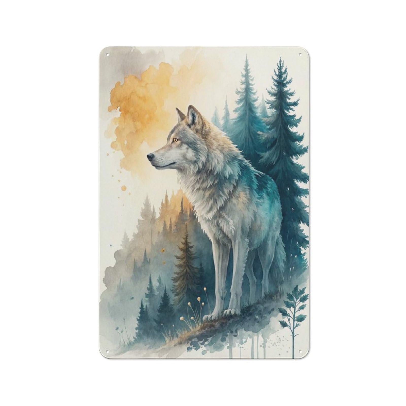 Junmoney Style-21 Watercolor Wolf In Forest Landscape Vintage Metal Sign 30X20cm, Vintage Cafe Wall Decor For Takeaway, Bar, Kitchen Or Counter Area