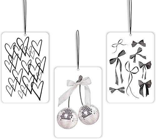 Ambientador de coche de lavanda con lazo de coqueta negro, 3 piezas, cinta retro femenina de bola de discoteca, ambientador para colgar decoración