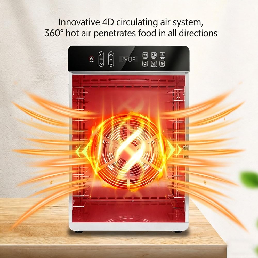 Essiccatore per Alimenti professionale 800W in Acciaio Inox, 10 Vassoi in Acciaio Inox, Grande Capacità, Display LED, Timer 24H, Temperatura Regolabile 30℃ – 90℃, per Carne, Frutta, Verdure(10 tray)