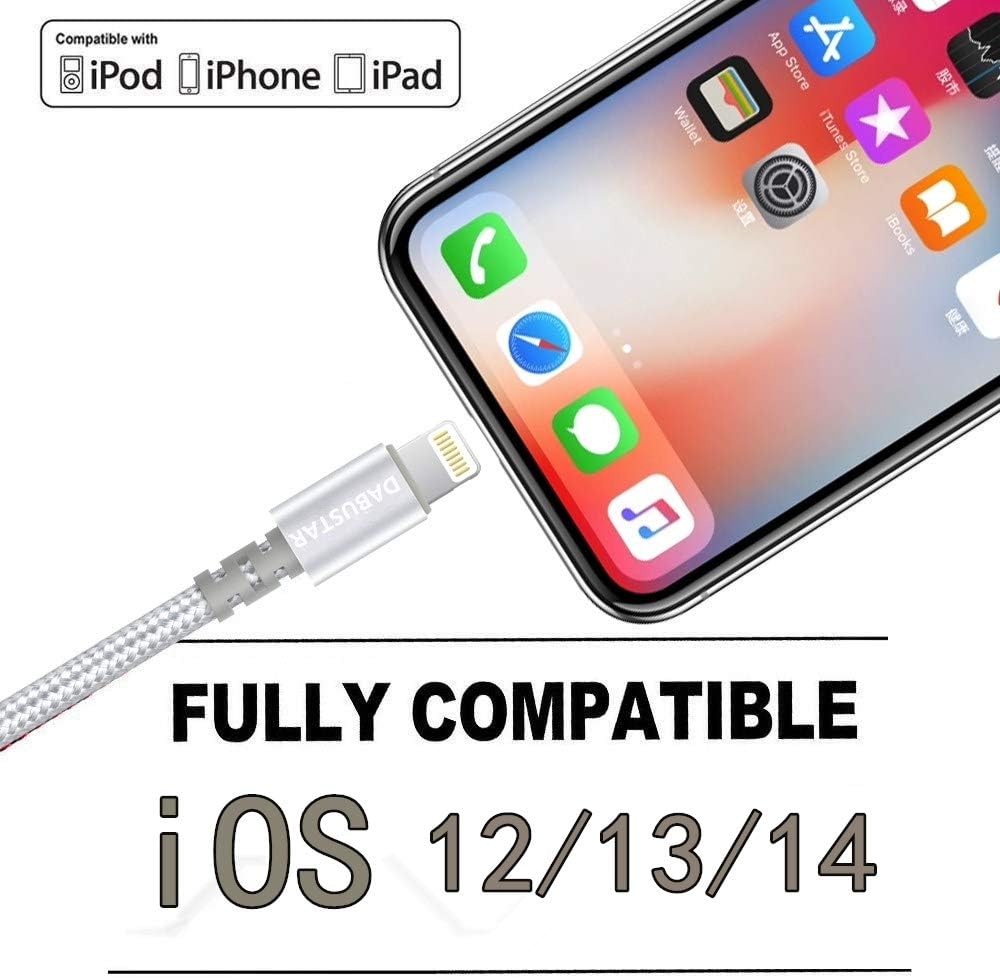 DABUSTAR iPhone Charger, [Apple MFi Certified] Lightning Cable 3pack 6ft Nylon Braided USB Cable Fast Charging Data Sync Transfer Cord Compatible with iPhone 13/12/11/Pro/MAX/XR/XS/X/8/7/Plus/6S/iPad