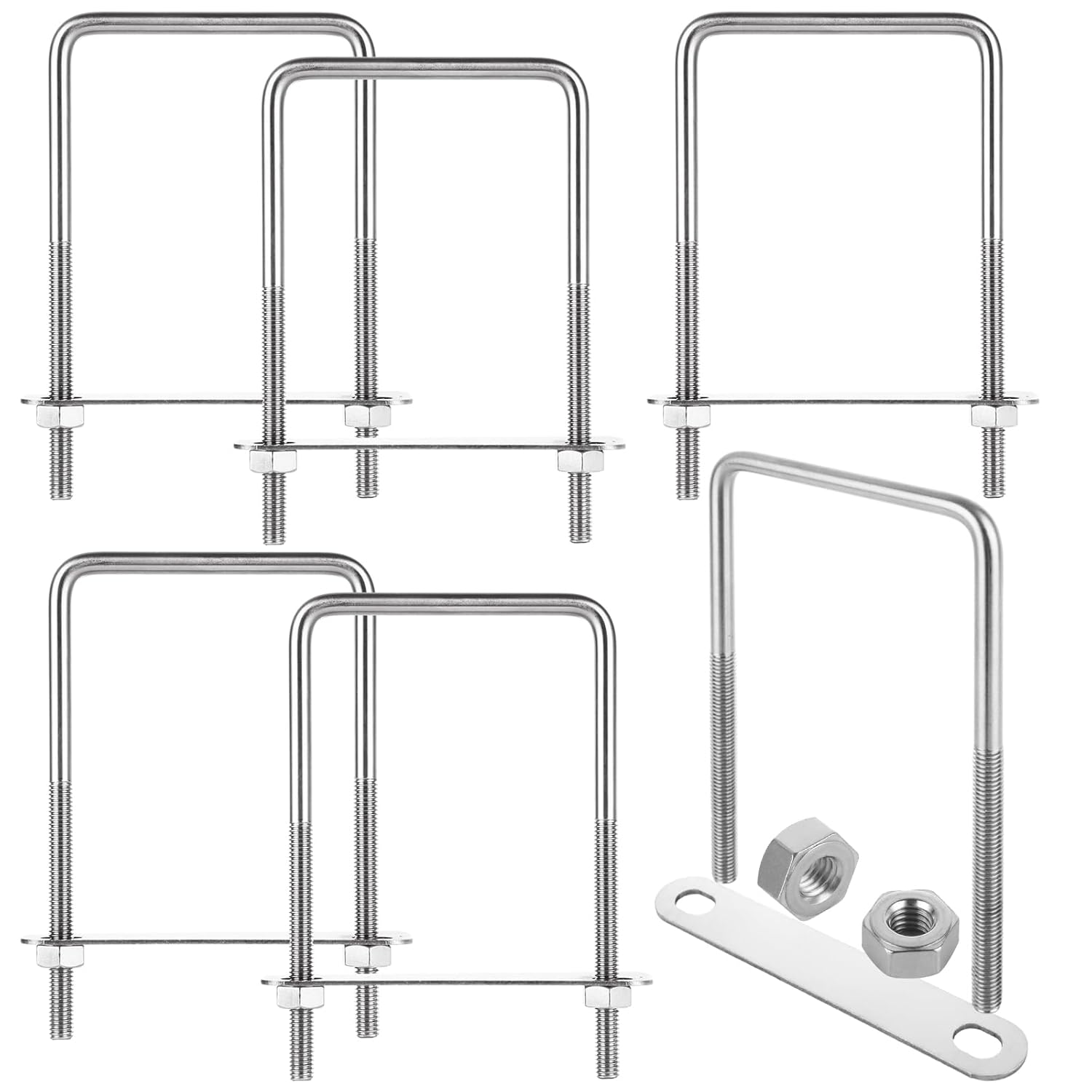 6 Pack Square U-Bolts 3/8" x 4" x 7" Inner Width, 304 Stainless Steel U Bolts with Washers & Nuts for Replacement Parts and Accessories for Ski Boat, Fishing Boat or Sailboat Trailer
