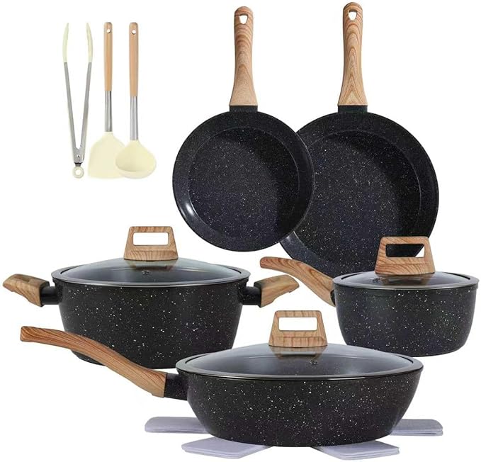 Anymark 15-piece black ceramic cookware set with utensils