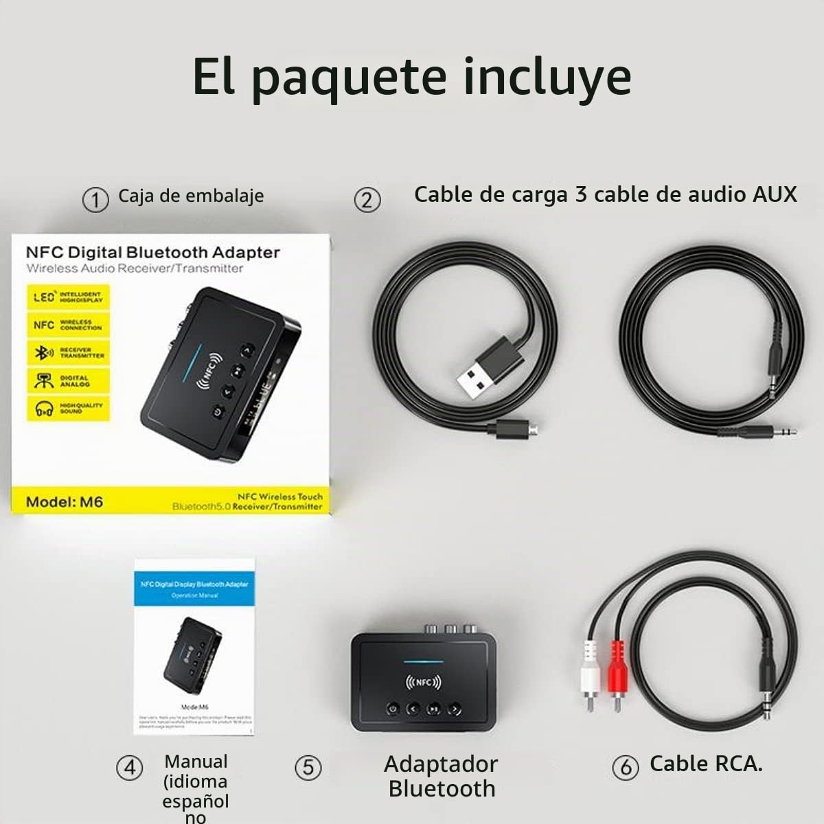 Adaptador Bluetooth 5.0 NFC, Receptor y Transmisor USB 3 en 1 Con Jack 3.5 mm RCA/AUX Para Coche, PC, TV, Teléfonos Inteligentes - Plug and Play