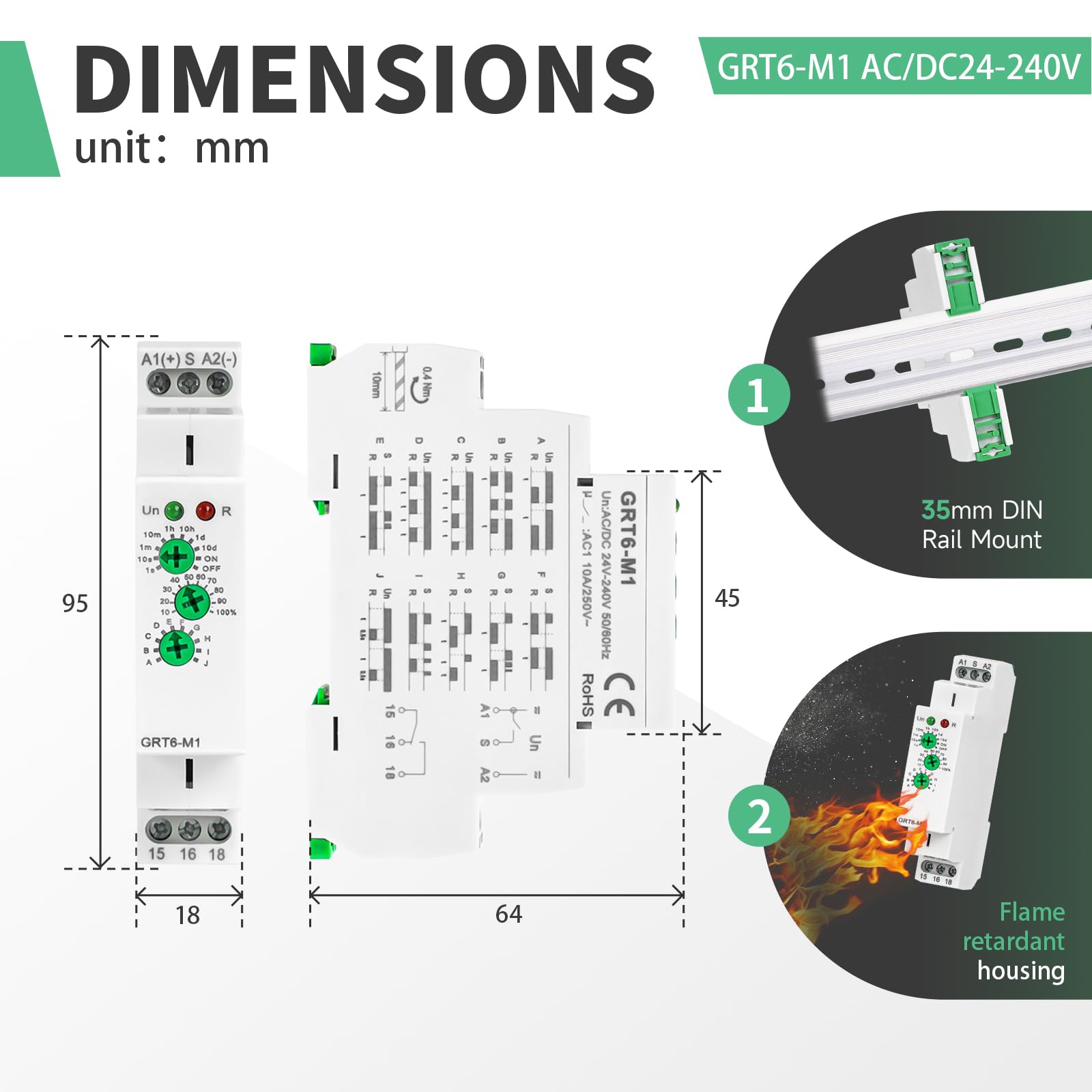 GRT6-M1 AC/DC24V-240V Rele Multifunzione con Ampio Intervallo di Ritardo, 1 SPDT Interruttore Smart Temporizzato 10A, 10 Funzioni Ideale per Applicazioni in Automazione