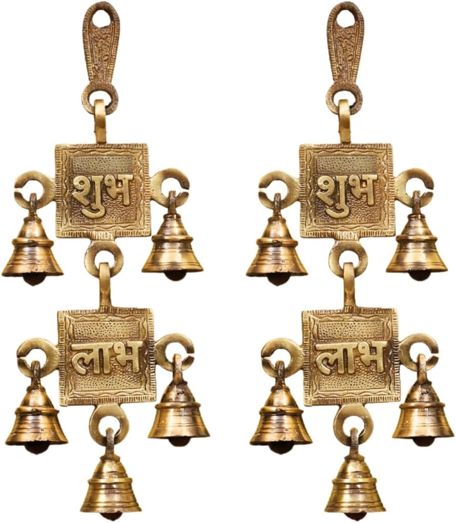 Jaszz Art Subh Labh Pair Design Bell (10 inches and 700g) Antique Brass Hanging Bells for Pooja Gift Home Decor with 3 Ghanti Handmade puja Article for Diwali Festival Vastu (Pack of 7)