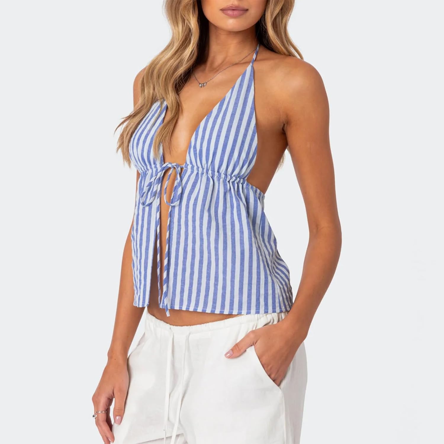 RUEWEY Women Striped Shirt Tie Front Halter Tank Top Sexy Deep V Neck Sleeveless Backless Cami Shirt Y2K Crop Tops - Image 3