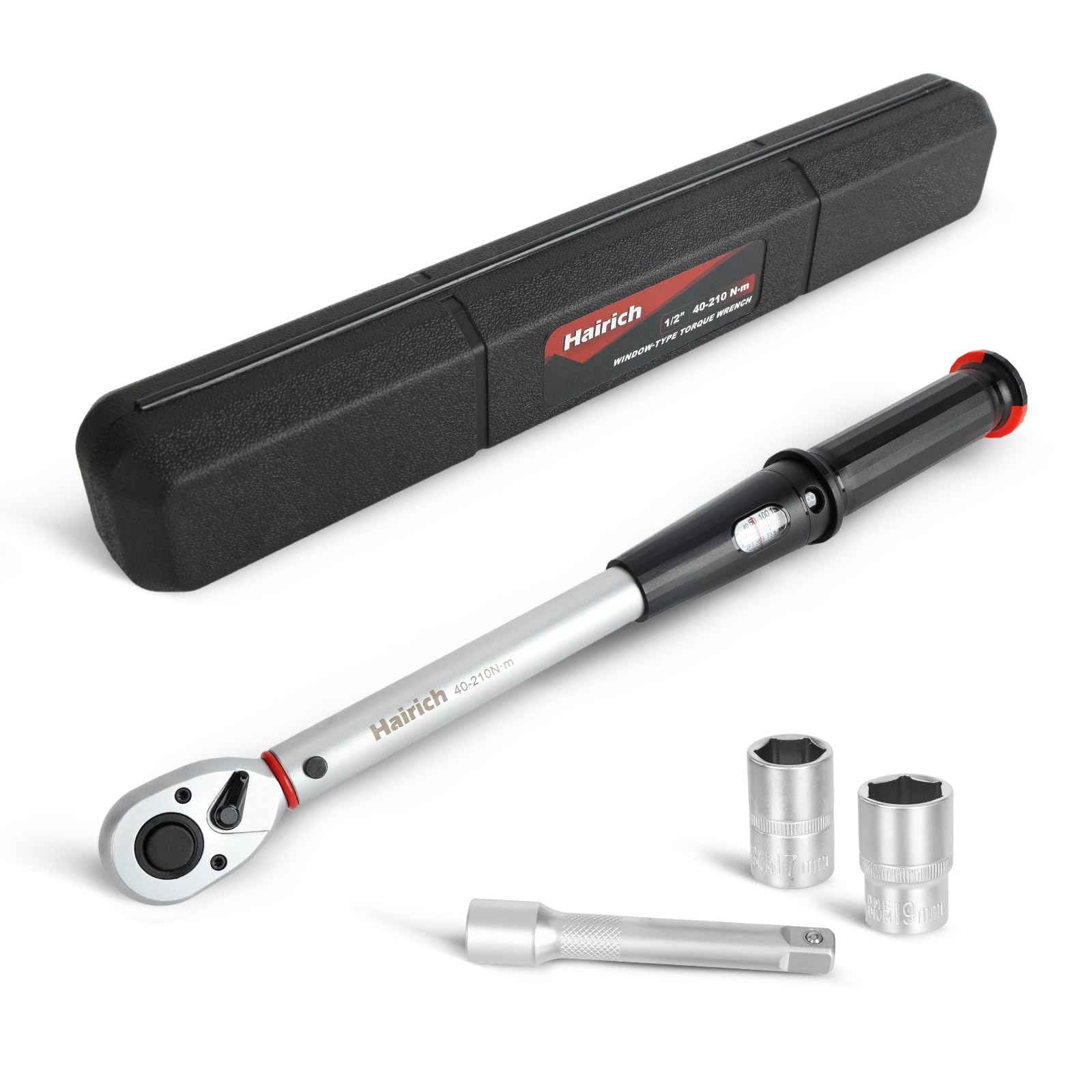 Hairich Drehmomentschlüssel Auto 1/2 Zoll, 40–210 Nm, ±3% Genauigkeit, inkl. 3 Stecknüssen (17/19/21 mm) – Präziser Torque Wrench mit Sichtfenster für Auto- & Motorrad-Reifenwechsel