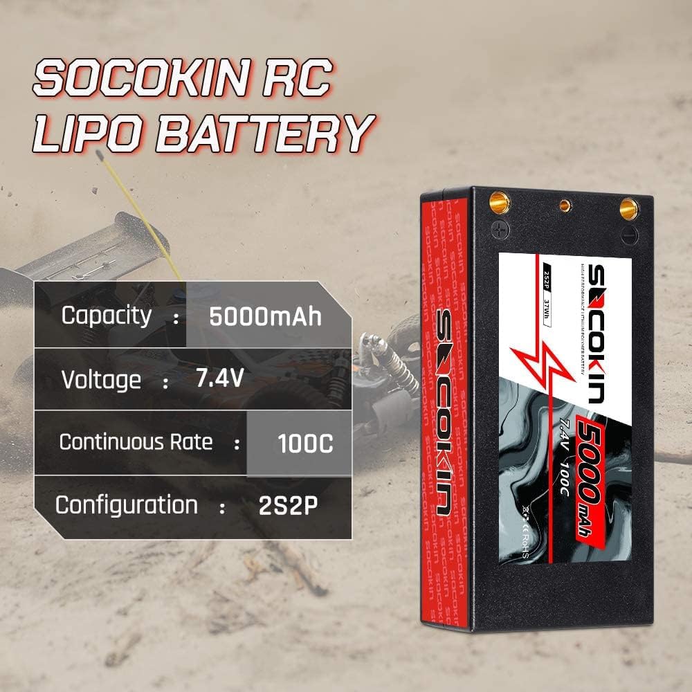 7.4V 2S 5000mAh Lipo Battery 100C Shorty Hard Case RC Lipo Battery with 4mm Bullet T-Plug Connector for RC 1/10 Scale Vehicles Car Trucks Truggy Boat(2 Pack)