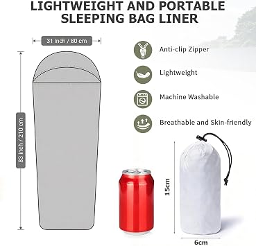 Ultralight Sleeping Bag Liner, 210cm Light Blue Matt Nylon Travel Sheet, 128g Quick Drying Easy-Care Fabric Sleeping Bag Liner Thermal for Backpacking, Hostels, Camping, Travel