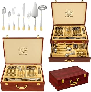 Faqueiro 84 Pçs Talheres Banhados A Ouro Maleta Madeira-Luxo Prata E Dourado Jogo De Facas