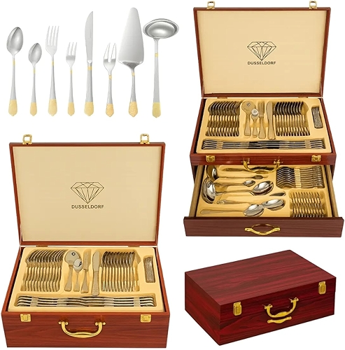 Faqueiro 84 Pçs Talheres Banhados A Ouro Maleta Madeira-Luxo Prata E Dourado Jogo De Facas