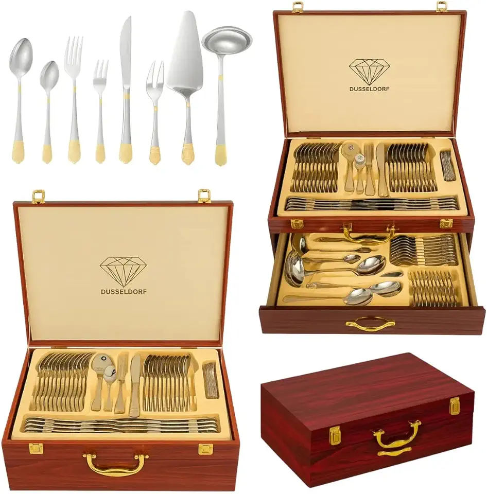 Faqueiro 84 Pçs Talheres Banhados A Ouro Maleta Madeira-Luxo Prata E Dourado Jogo De Facas