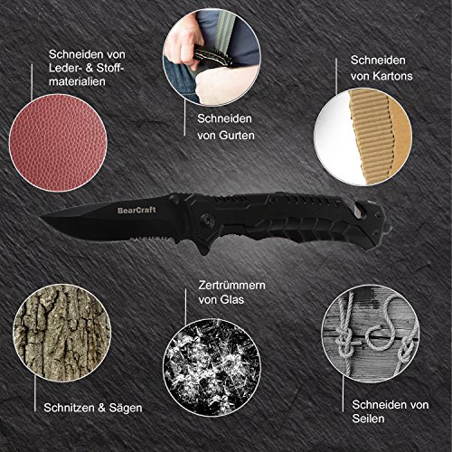 BearCraft Black Folding Knife | Sharp, Outdoor, Survival, Pocket Knife with Serrated Edge | Small, One-Hand Knife with Stainless Steel Blade and Aluminium Housing | Can be used for Work, Hiking, Camping - Image 7