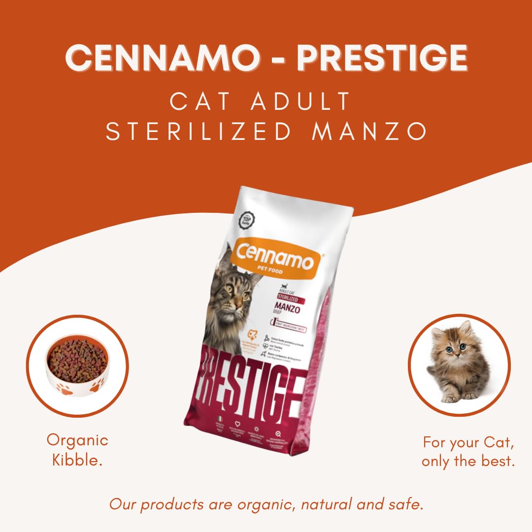 CENNAMO Gatto PRESTIGE Adult Sterilized Manzo | alimento secco completo per gatti adulti sterilizzati di qualsiasi razza, prodotto monoproteico, 1 confezione da 10kg.