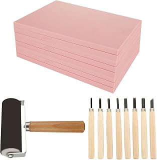 DIRBUY 10-Pack Rubber Stamp Making Kit: Block Printing Set with 8 Blades, 8 Pink 4x6" Carving Blocks & Brayer Roller for Beginners