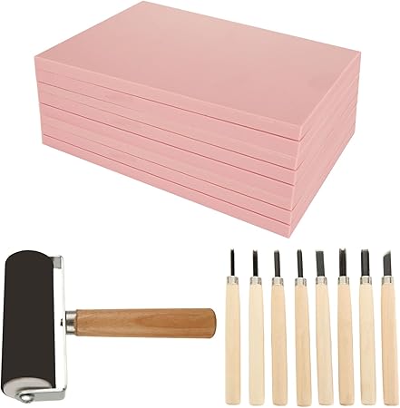 10 Pack Rubber Stamp Making Kit - Block Printing Kit，Linoleum Carving Tools with 8 Type Blades, 8 Pcs Pink Rubber Carving Block and Rubber Brayer Roller