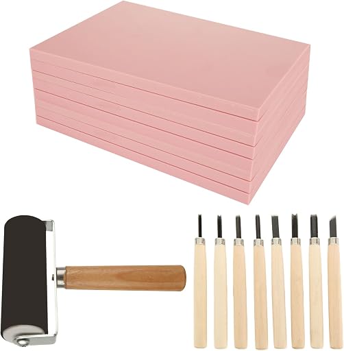 10 Pack Rubber Stamp Making Kit - Block Printing Kit,Linoleum Carving Tools with 8 Type Blades, 8 Pcs Pink Rubber Carving Block and Rubber Brayer Roller