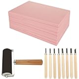 10 Pack Rubber Stamp Making Kit - Block Printing Kit，Linoleum Carving Tools with 8 Type Blades, 8 Pcs Pink Rubber Carving Block and Rubber Brayer Roller