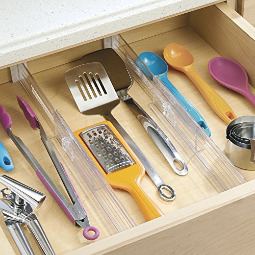 iDesign Separatore cassetti regolabile, Divisore cassetti cucina in plastica, Pratico set da 2 organizer cassetti adatto ai cassetti profondi, trasparente