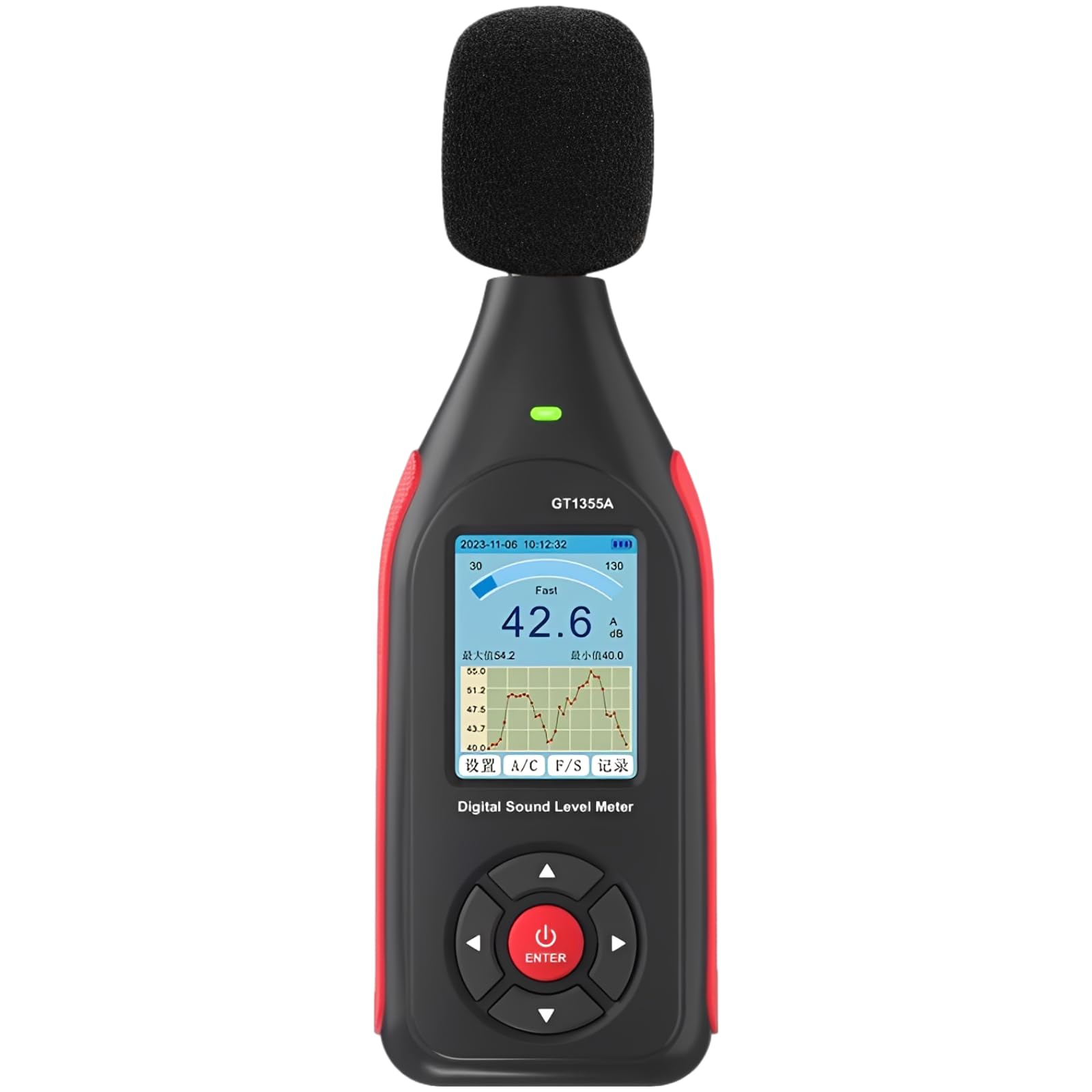 Medidor de decibelios de sonido, lector digital GT1355A, rango de 30-130 dB, precisión de ± 1,5 dB, pantalla a color VA, almacenamiento de datos, acceso a software, alarma de 3 colores, batería ligera