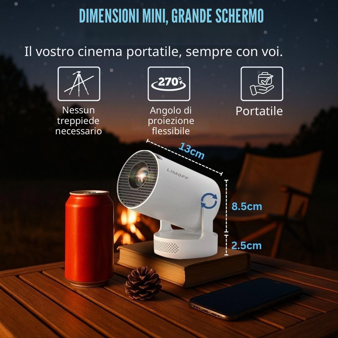 Mini proiettore 1080P Full HD supporto & 720P nativo, portatile WiFi 6 e Bluetooth 5.4, piccolo auto Keystone e rotazione 180°, compatibile con HDMI/TV Stick