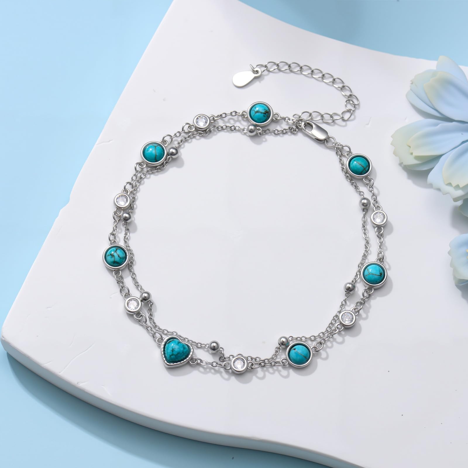 Cavigliera in turchese naturale, argento sterling 925, vera gemma turchese, regolabile e multistrato