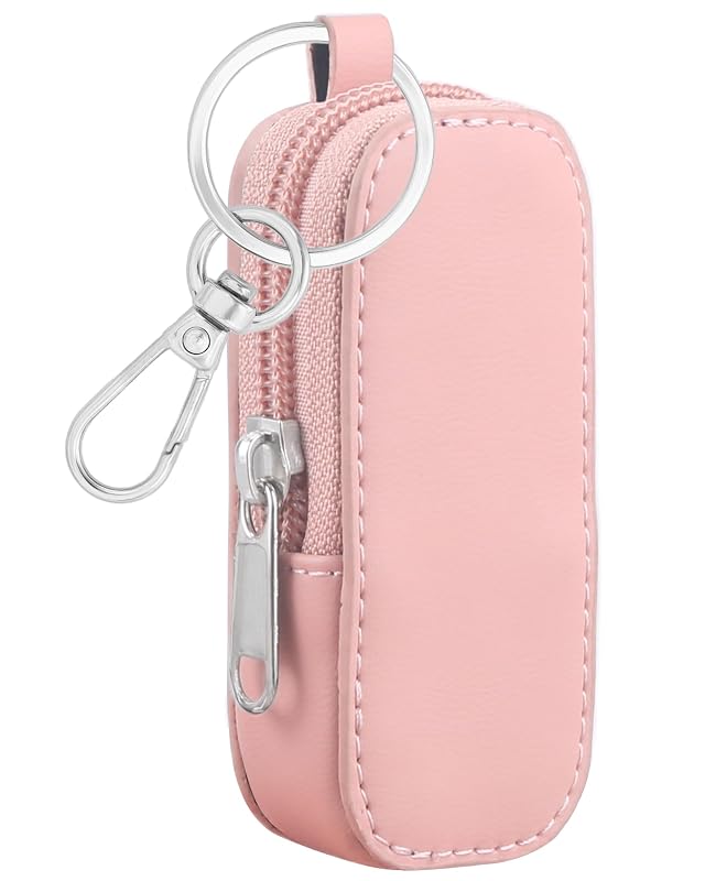 Porta-bálsamo labial Meiiy em couro sintético PU com zíper e gancho, rosa