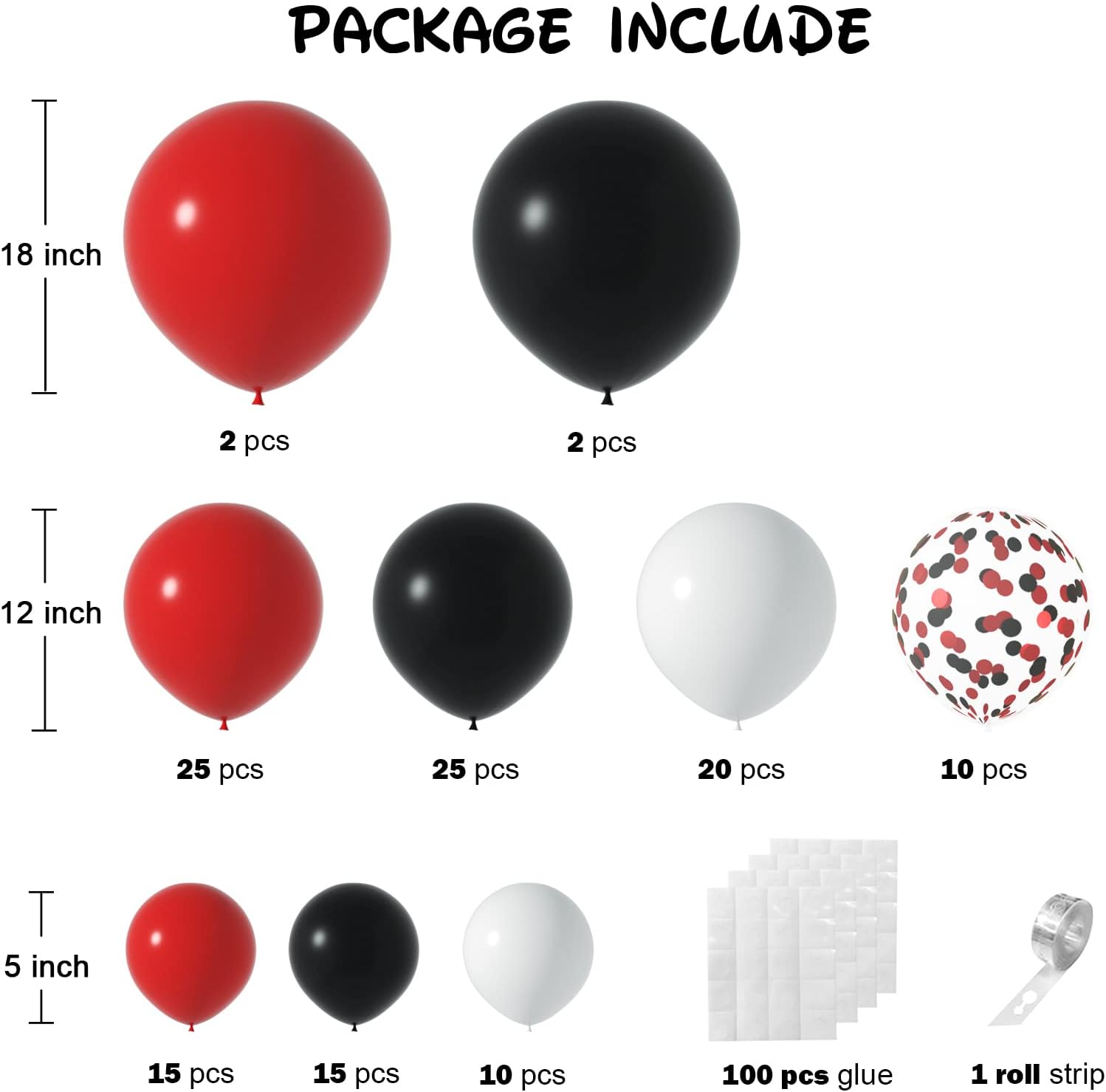 Janinus Red And Black Balloons Arch Kit 18inch 12inch 5inch Red Black And White Balloons Garland Black And Red Party Decorations For BBQ Baby Shower Halloween Graduation Casino Car Theme Party