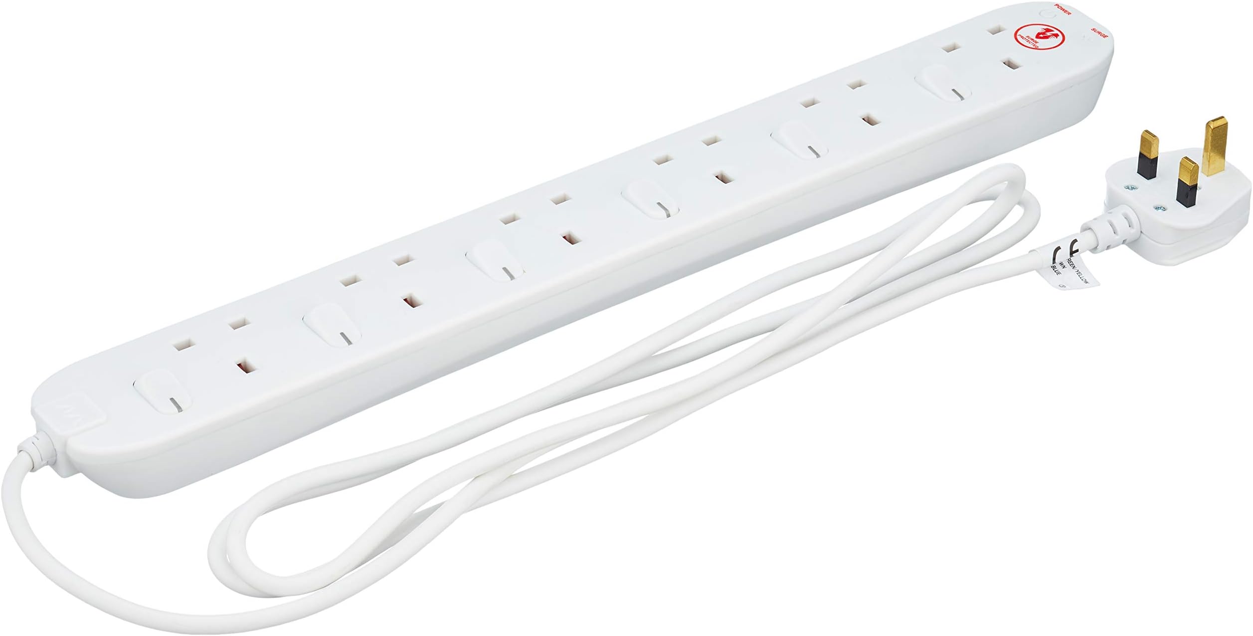 Masterplug Surge Protected 2 m 13 A 6-Gang Surge Protected Extension Lead with Individually Switched Sockets - White