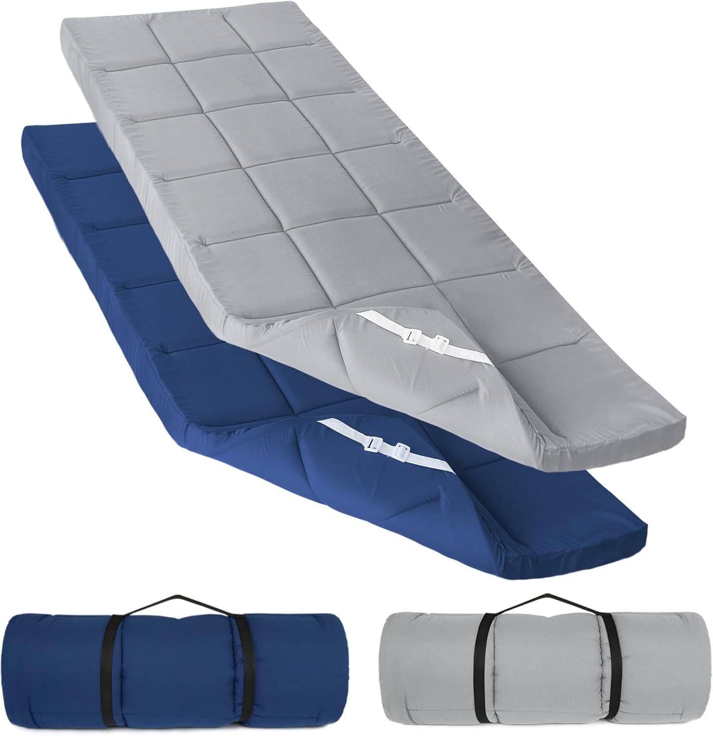 springspirit cot mattress topper (improved thickness), foam quilted pads for camping, soft comfortable sleeping cot mattress pad only, camping pad 75"x30" for camp cot/rv bunk/narrow twin beds, navy 30x75 inch (pack of 2) grey+navy