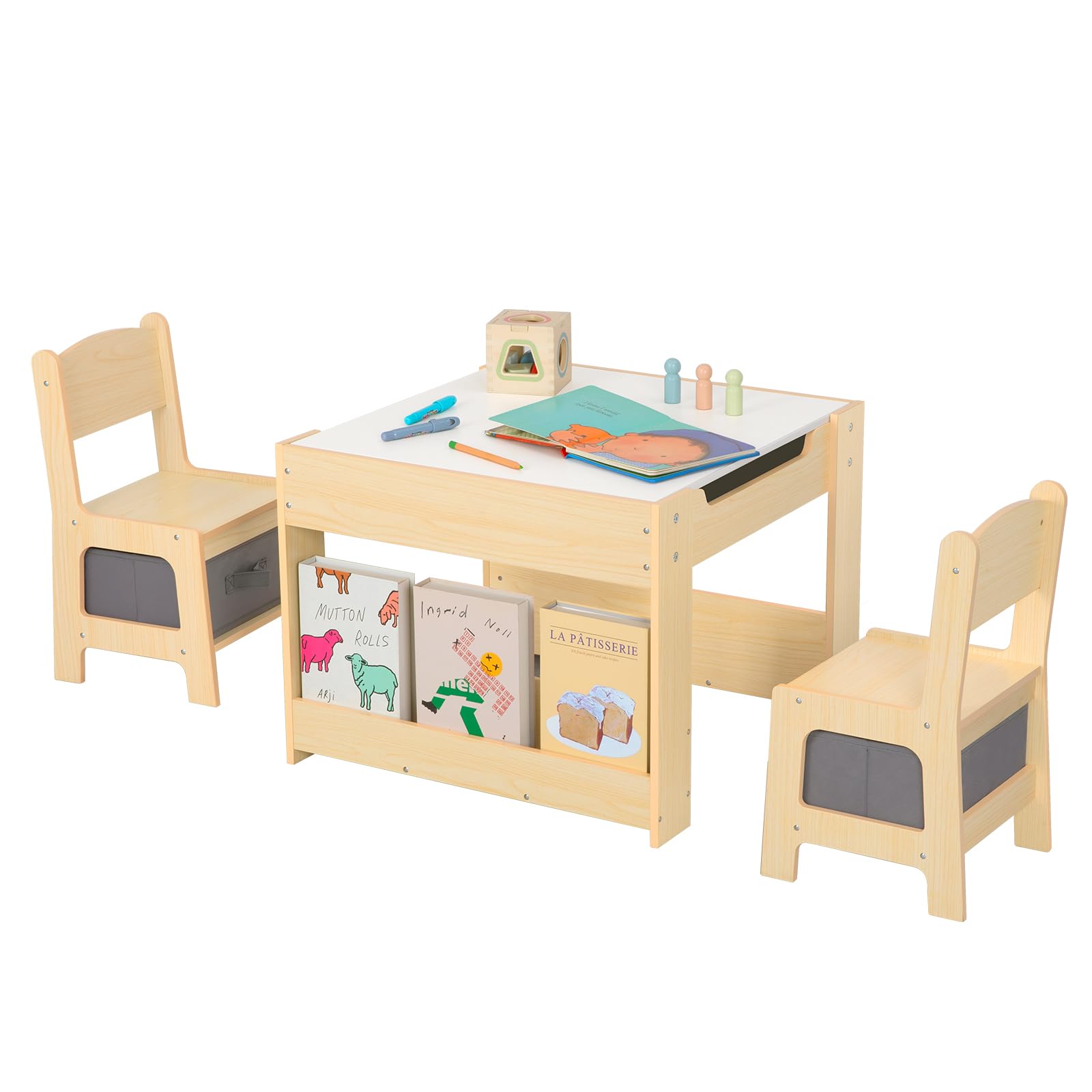 OOOK Table Enfant avec 2 Chaises 3-7 Ans, Table et Chaise Tout-Petit 4 en 1, Bureau Enfant avec Rangement d'activité pour Tout-Petits adapté à la Chambre d'enfant, crèche et Salle de Jeux