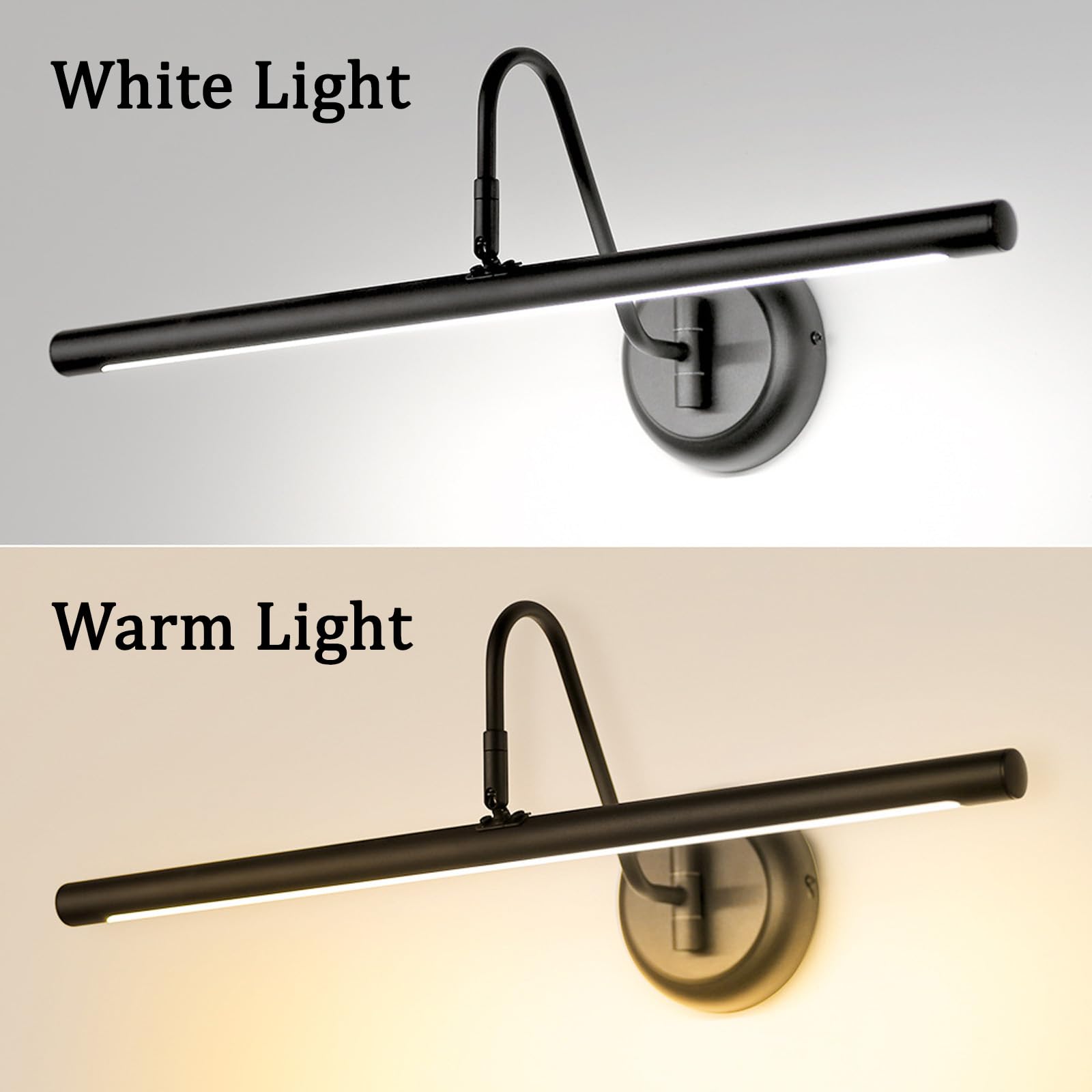 LED Spiegelleuchte Bad Wandleuchte 360° Drehung Einstellbarer Winkel Wandbeleuchtung Bildbeleuchtung Wandleuchten für Wohnzimmer Schlafzimmer Schminktisch Badezimmer (Schwarzes Weißes Licht,43cm)