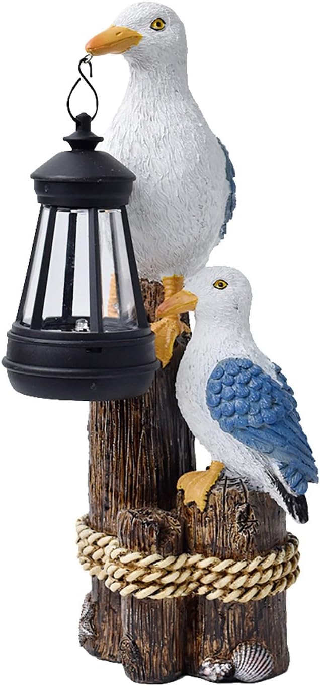 Solar Animal Statues with Lantern Resin Seabird Pelican Figurine Standing on a Tree Stump with Solar LED Light, Mediterranean Style Sculptures for Porch Patio Balcony Yard Decor (#C)
