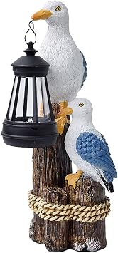 Solar Animal Statues with Lantern Resin Seabird Pelican Figurine Standing on a Tree Stump with Solar LED Light, Mediterranean Style Sculptures for Porch Patio Balcony Yard Decor #D