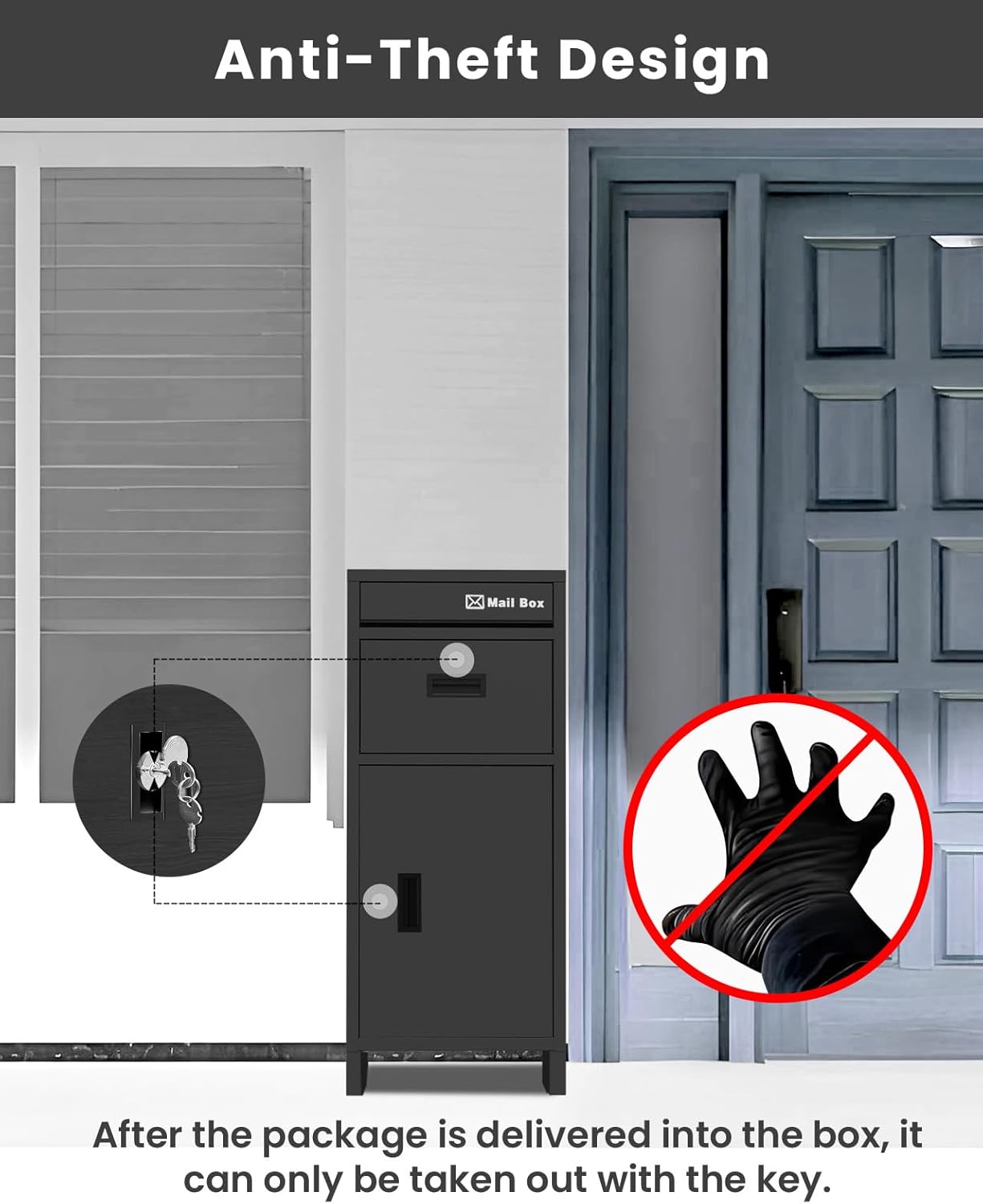 Package Delivery Boxes for Outside, No Assembly Required Outdoor Parcel Drop Boxes with Lock, Large Storage, Anti-Theft Design, Waterproof for Porch/Curbside (Black 16"×16"×38.1"）