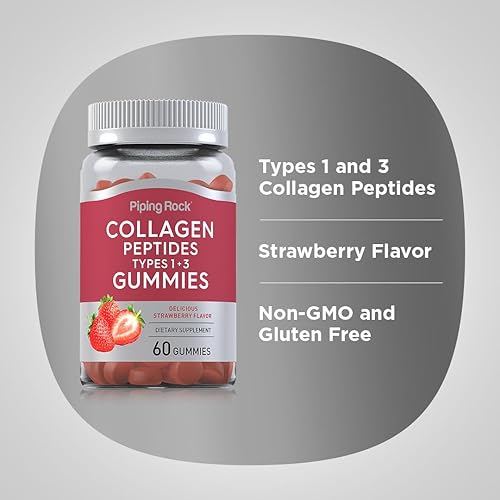 Miniatura 4 de Piping Rock Gomitas de colágeno  60 unidades  Péptidos de colágeno tipo 1 y 3  Sabor a fresa  Suplemento bovino  Sin OMG, sin gluten